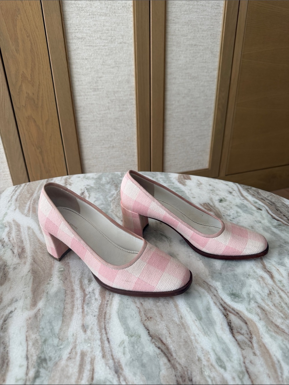 Mansur Gavriel Pink and Cream Plaid Block Heel Pumps - Picture 1 of 4